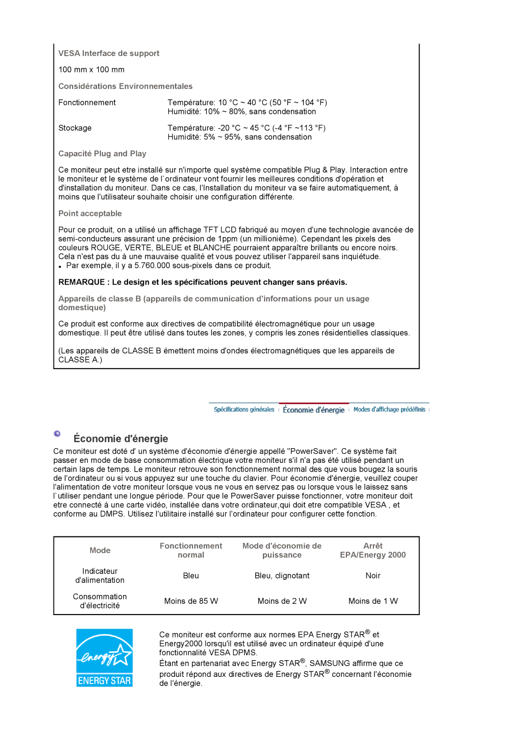 Samsung LS20EDXEB/EDC manual Économie dénergie 