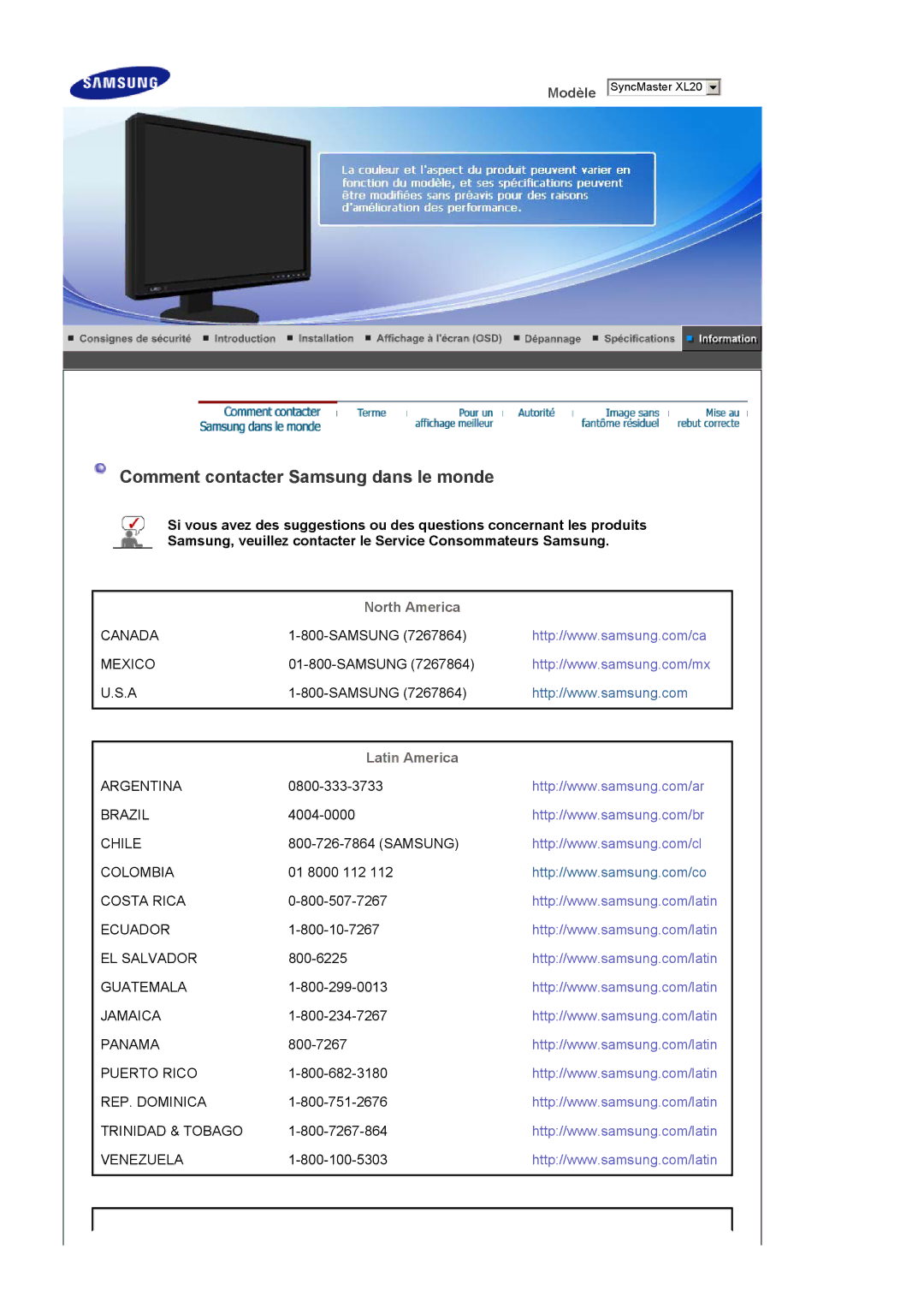 Samsung LS20EDXEB/EDC manual Comment contacter Samsung dans le monde, North America, Latin America 