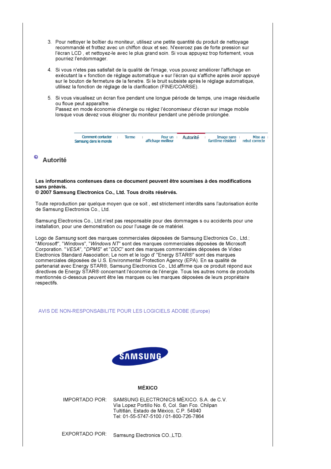 Samsung LS20EDXEB/EDC manual Autorité, México 