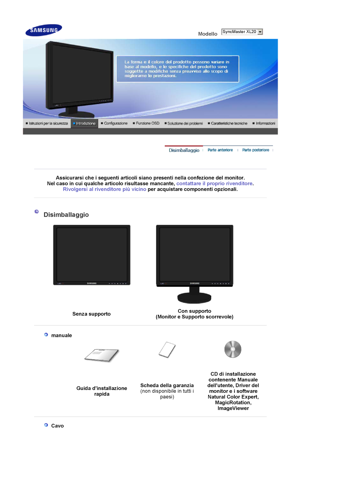 Samsung LS20EDXEB/EDC manual Disimballaggio 