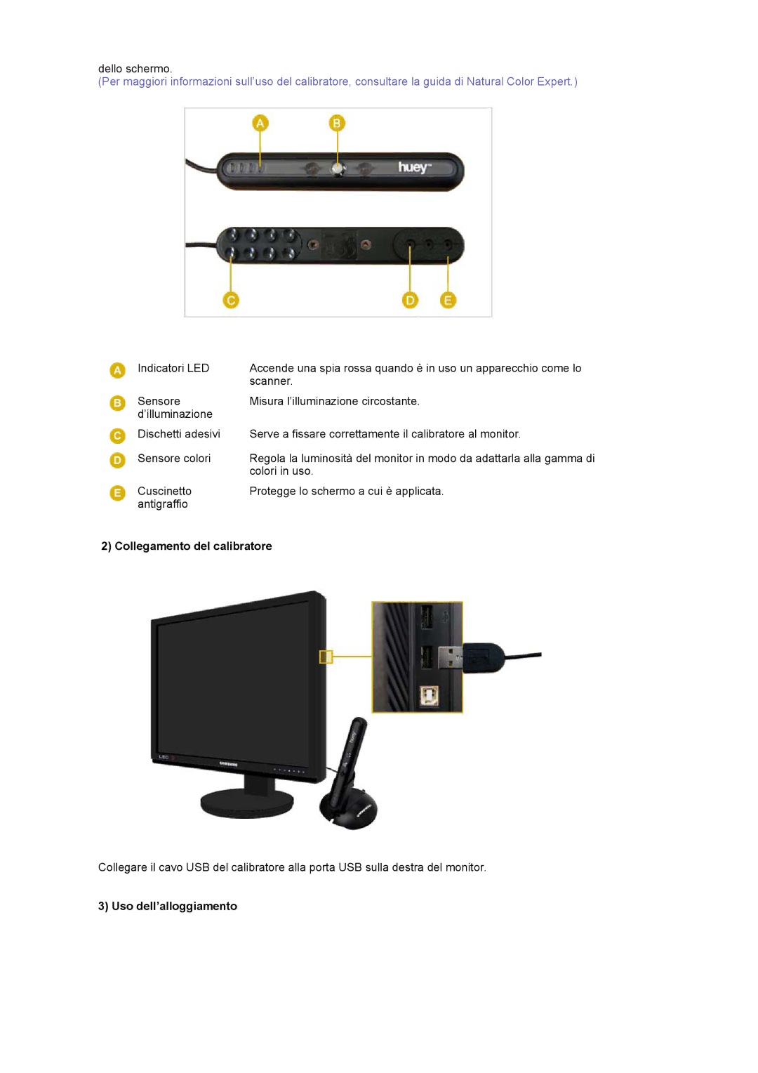 Samsung LS20EDXEB/EDC manual Collegamento del calibratore, Uso dell’alloggiamento 