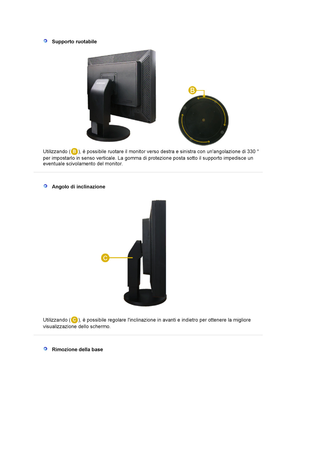 Samsung LS20EDXEB/EDC manual Supporto ruotabile, Angolo di inclinazione, Rimozione della base 