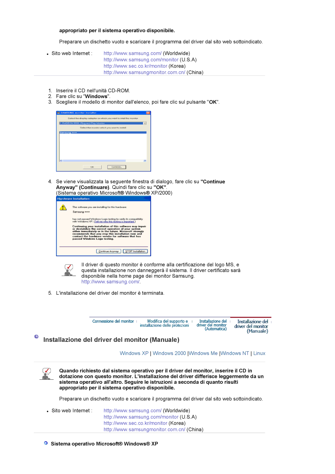 Samsung LS20EDXEB/EDC manual Installazione del driver del monitor Manuale, Appropriato per il sistema operativo disponibile 