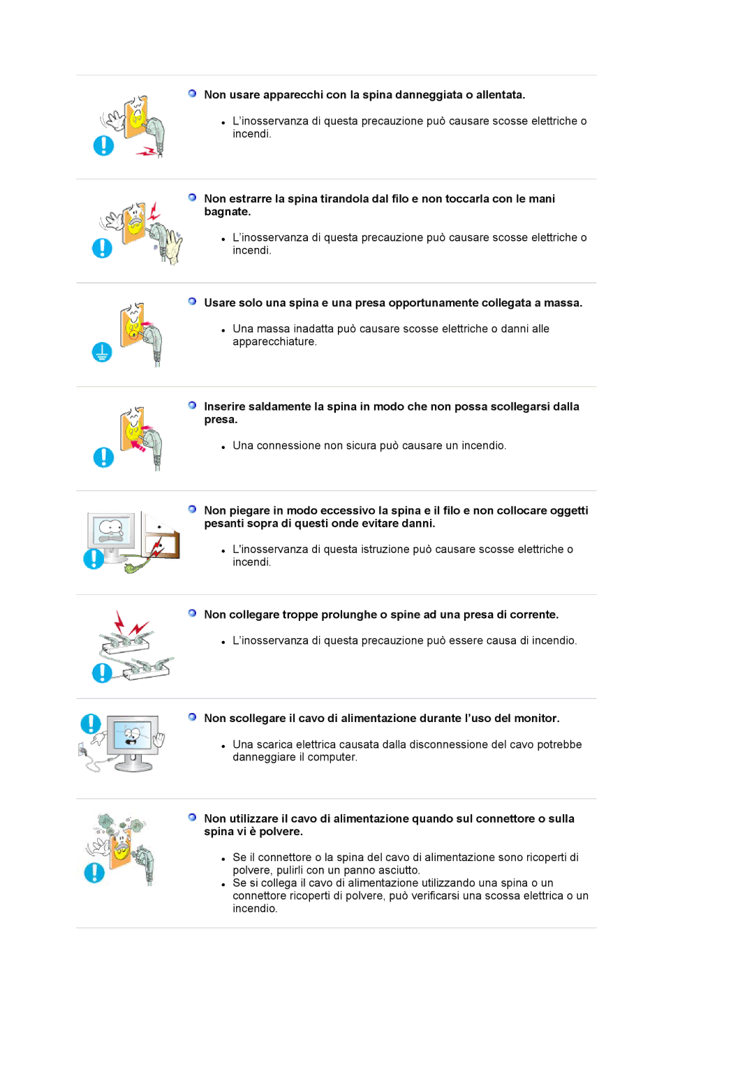 Samsung LS20EDXEB/EDC manual Non usare apparecchi con la spina danneggiata o allentata 