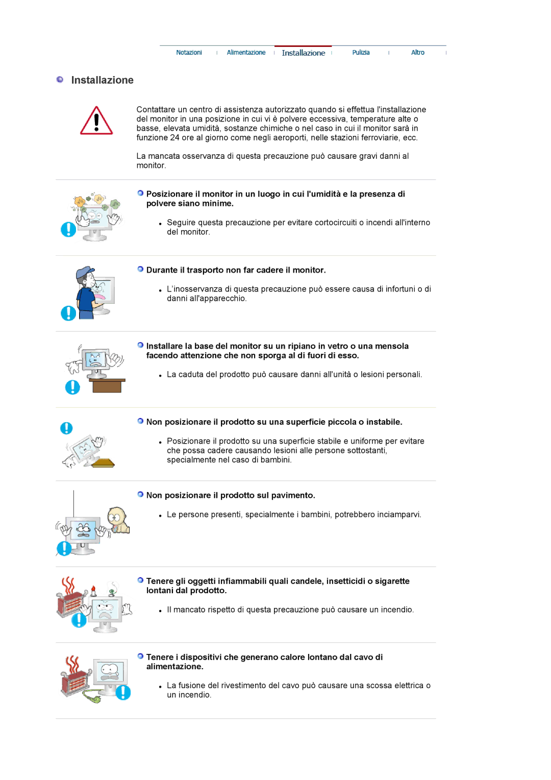 Samsung LS20EDXEB/EDC manual Installazione, Durante il trasporto non far cadere il monitor 