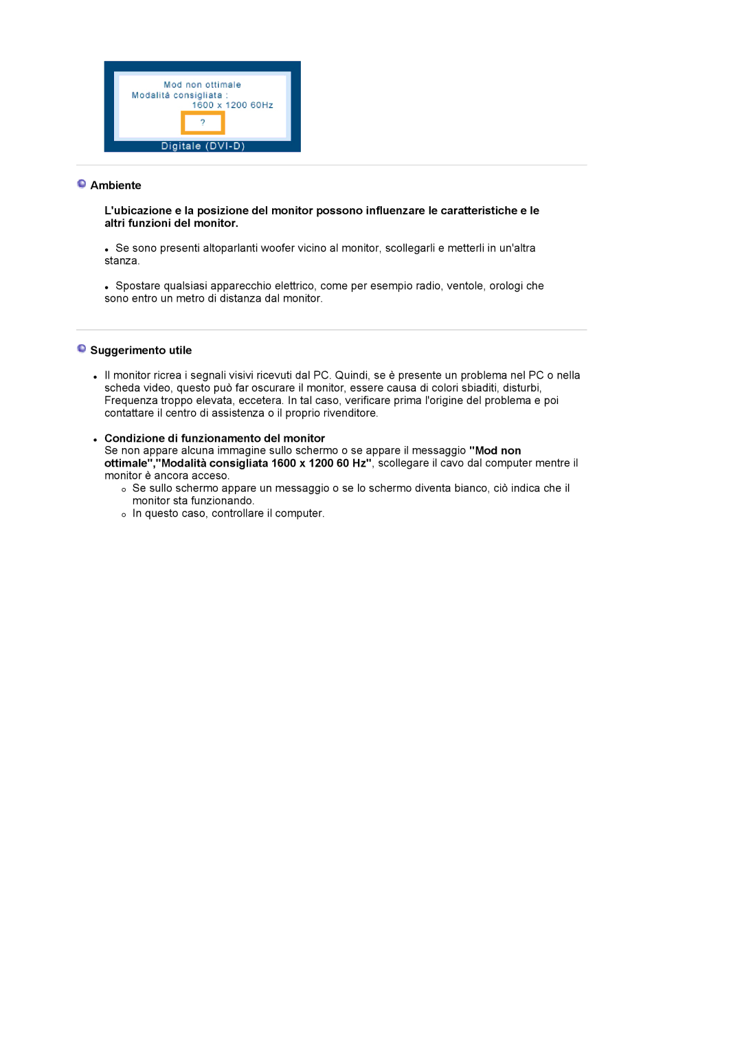 Samsung LS20EDXEB/EDC manual Suggerimento utile, Condizione di funzionamento del monitor 