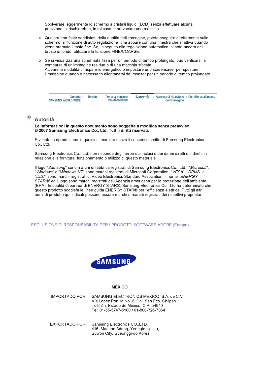 Samsung LS20EDXEB/EDC manual Autorità, México 