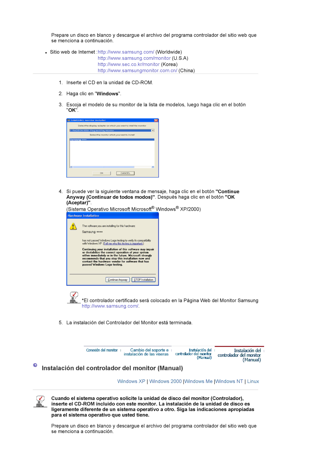 Samsung LS20EDXEB/EDC manual Instalación del controlador del monitor Manual 