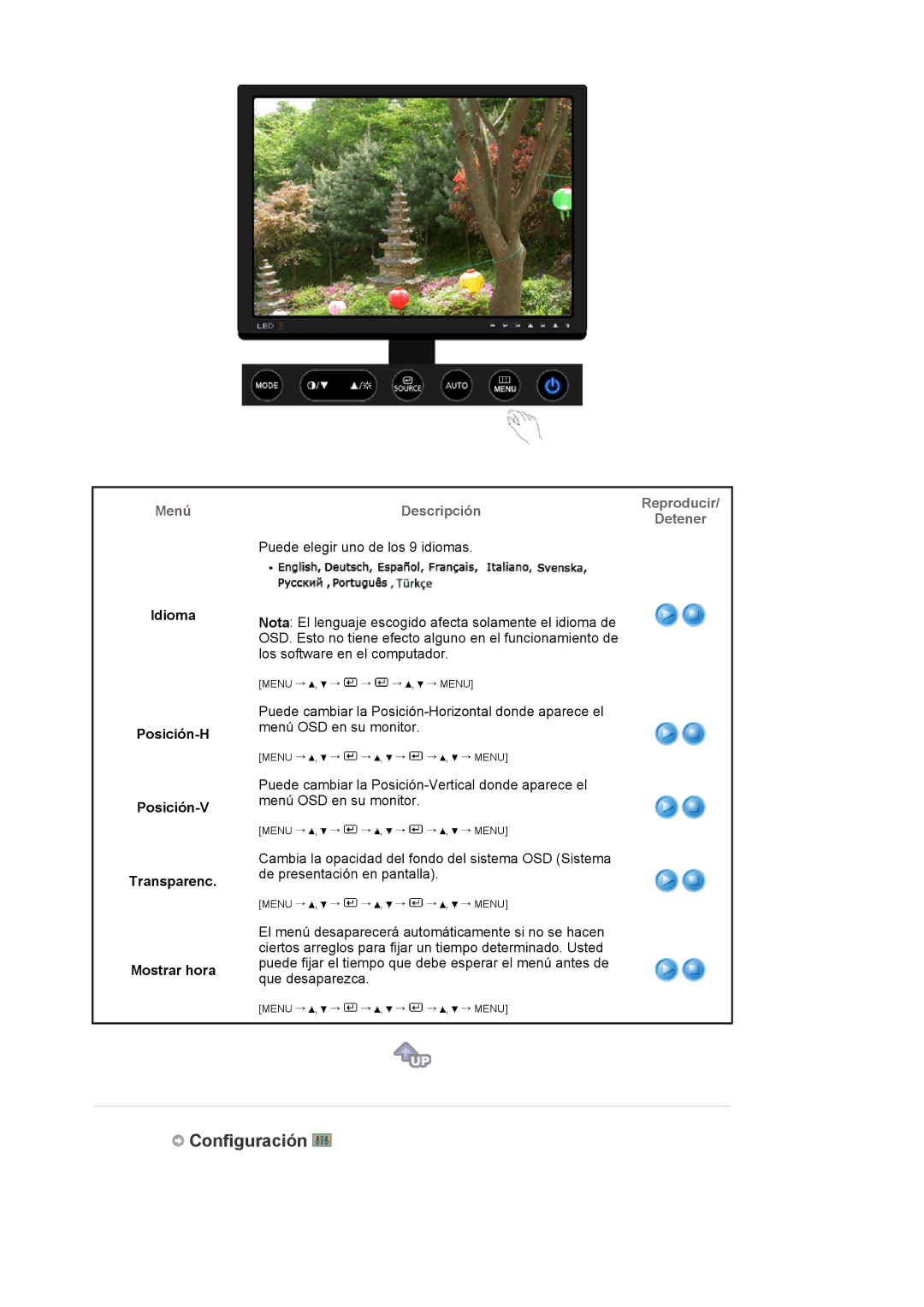 Samsung LS20EDXEB/EDC manual Configuración, Idioma Posición-H Posición-V Transparenc Mostrar hora 