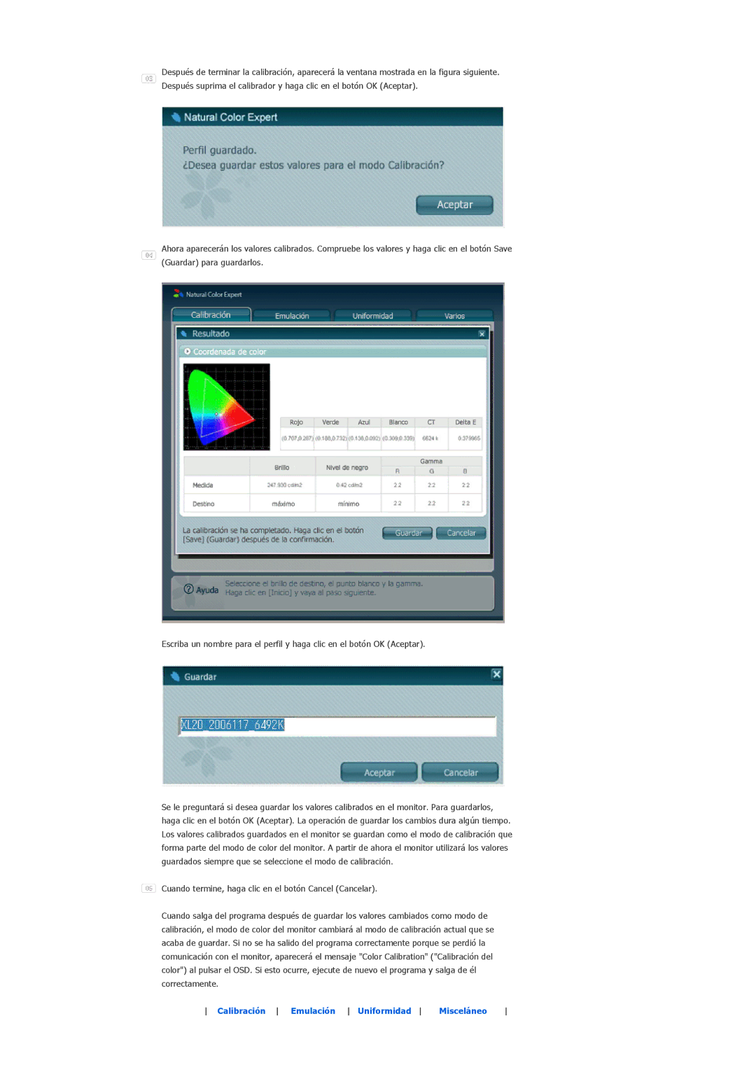 Samsung LS20EDXEB/EDC manual Calibración Emulación Uniformidad Misceláneo 