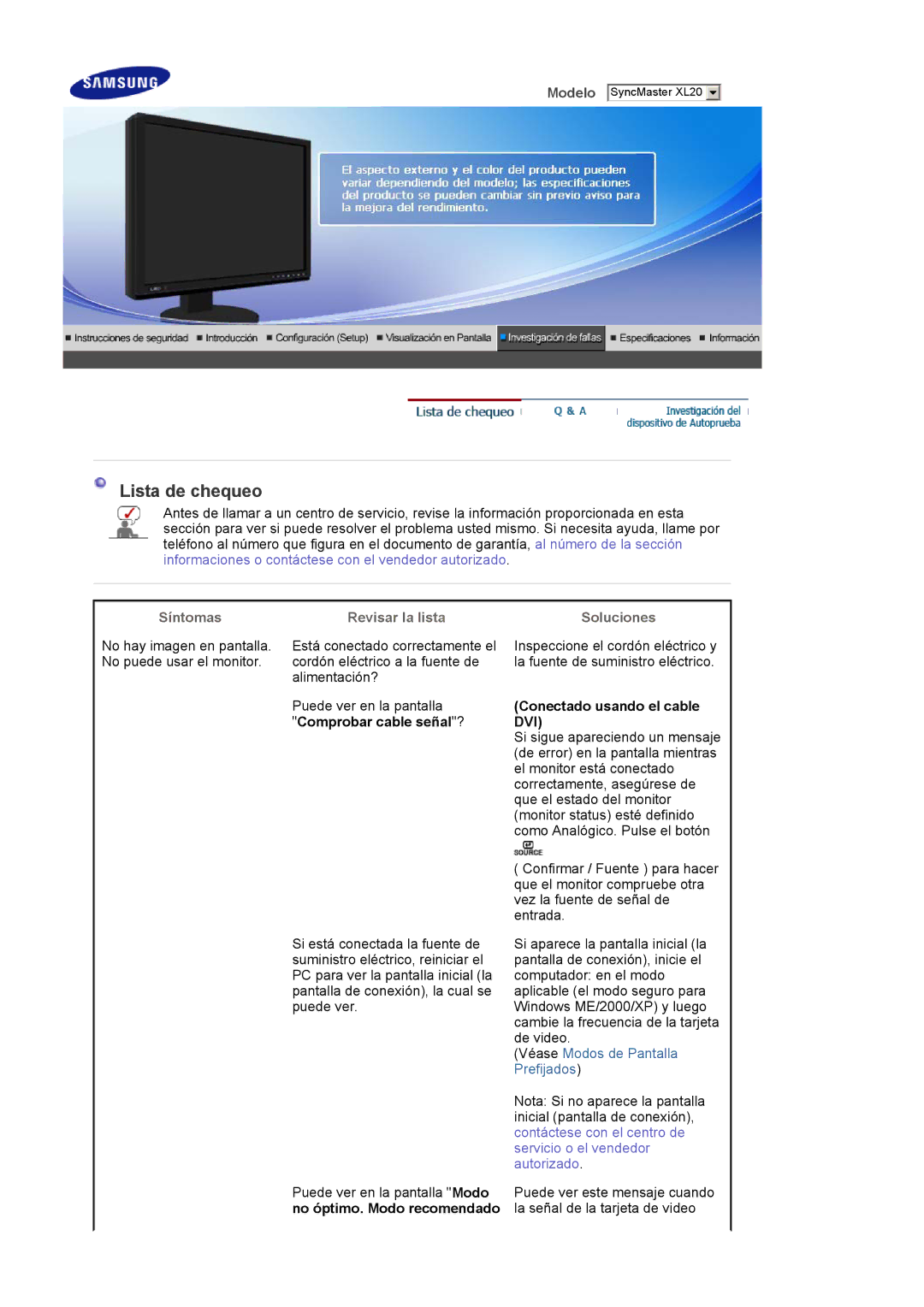 Samsung LS20EDXEB/EDC manual Lista de chequeo, Síntomas, Revisar la lista, Soluciones 