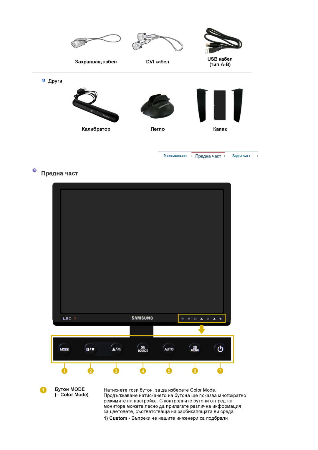 Samsung LS20EDXEB/EDC manual Предна част, Бутон Mode = Color Mode 