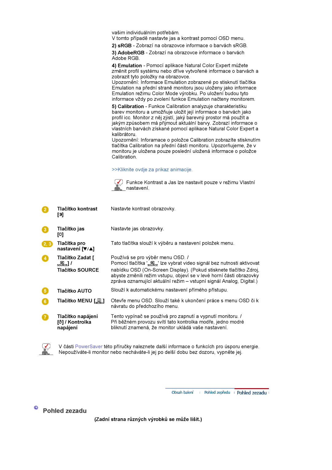 Samsung LS20EDXEB/EDC manual Pohled zezadu, Zadní strana různých výrobků se může lišit 