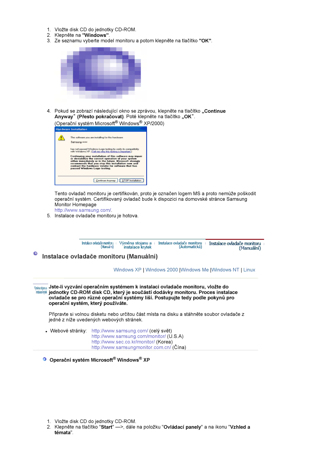 Samsung LS20EDXEB/EDC manual Instalace ovladače monitoru Manuální, Operační systém Microsoft Windows XP 