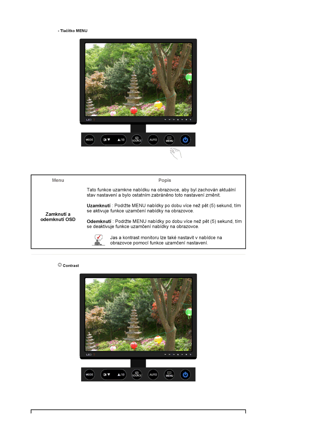 Samsung LS20EDXEB/EDC manual Menu, Zamknutí a Odemknutí OSD 