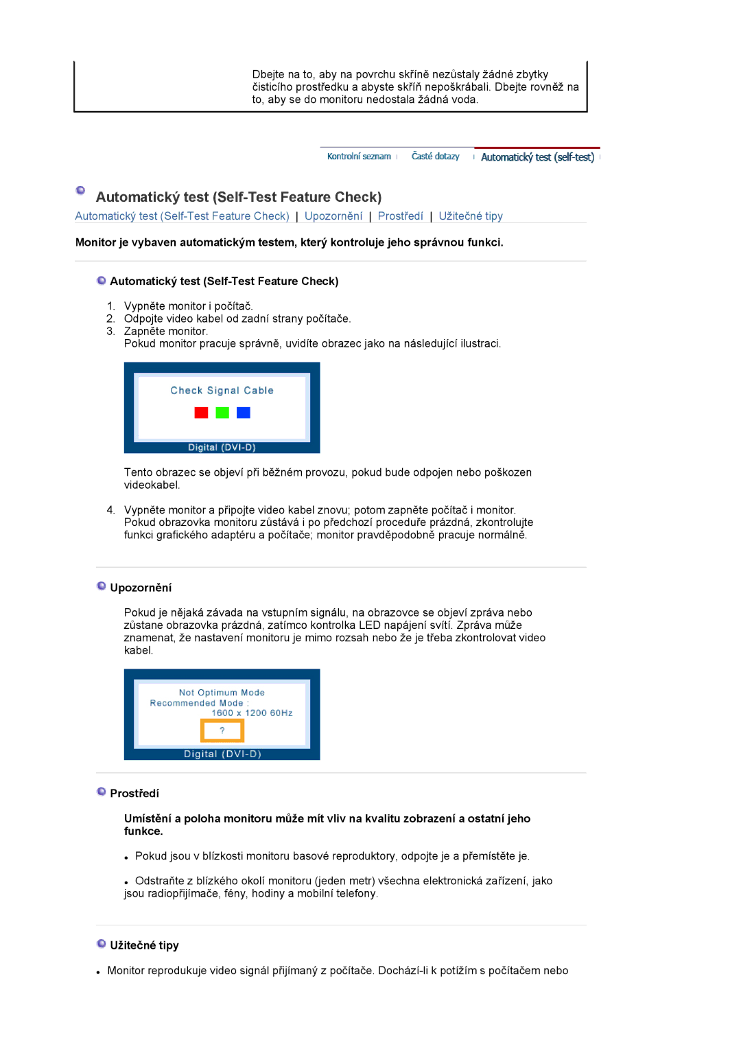 Samsung LS20EDXEB/EDC manual Automatický test Self-Test Feature Check, Upozornění, Užitečné tipy 