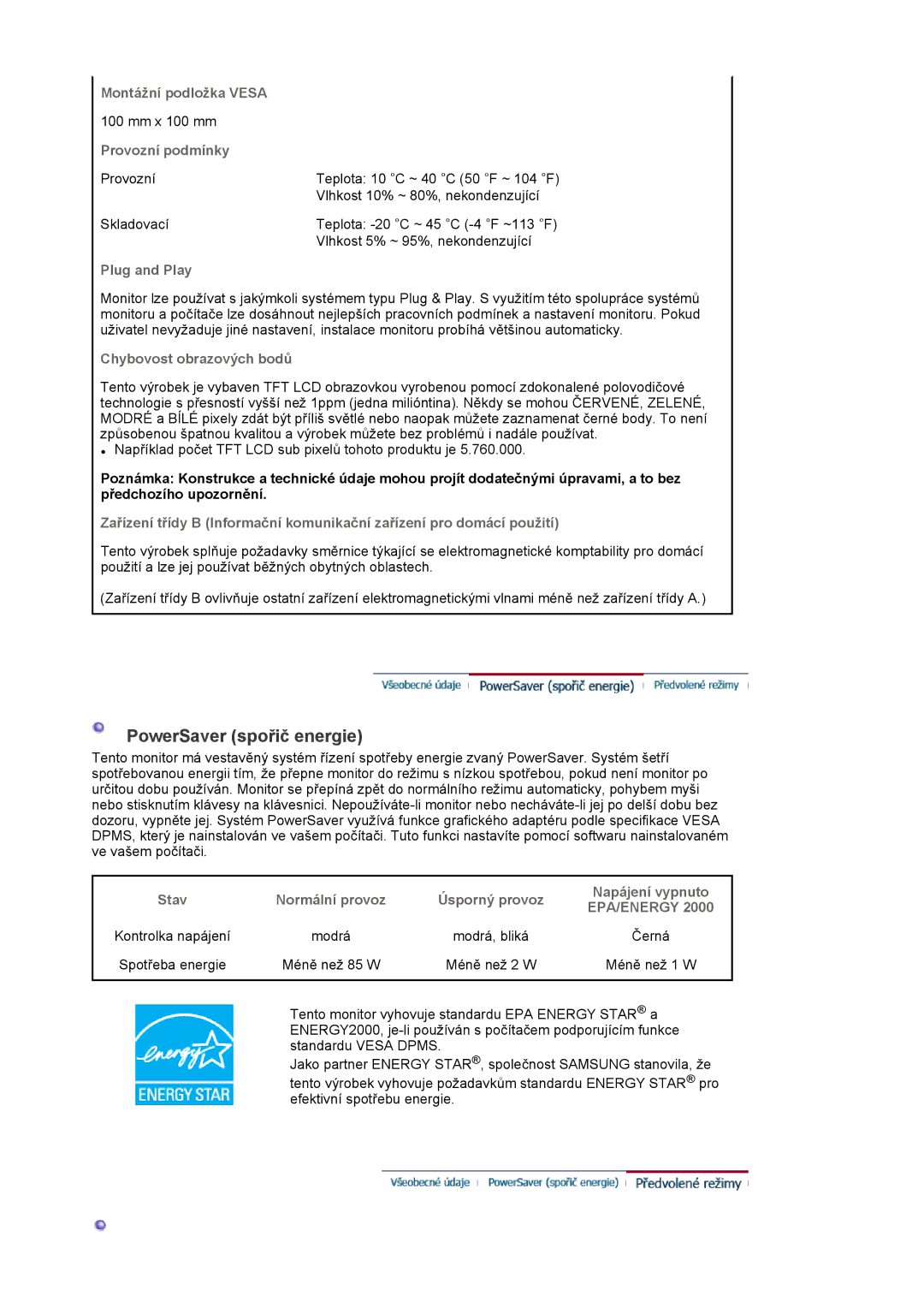 Samsung LS20EDXEB/EDC manual PowerSaver spořič energie 