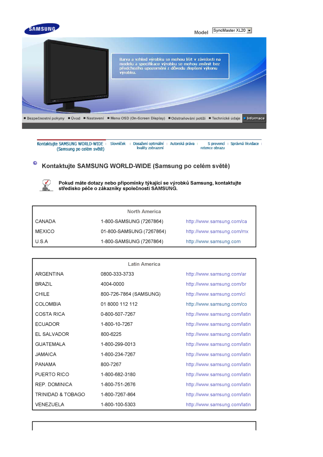 Samsung LS20EDXEB/EDC manual Kontaktujte Samsung WORLD-WIDE Samsung po celém světě, North America, Latin America 