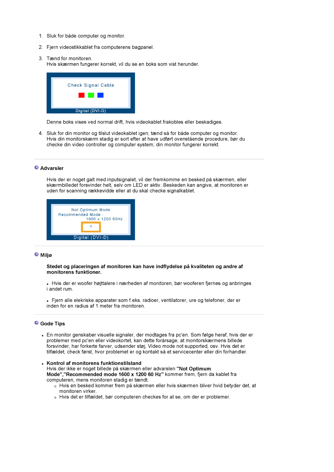 Samsung LS20EDXEB/EDC manual Advarsler, Gode Tips, Kontrol af monitorens funktionstilstand 