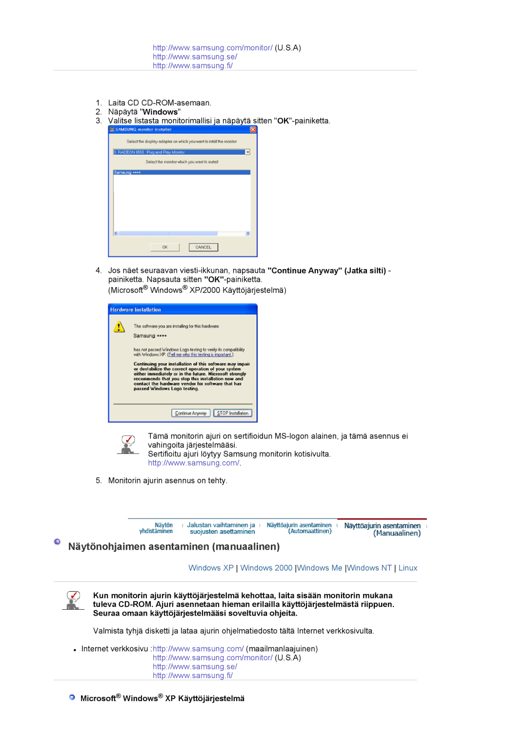 Samsung LS20EDXEB/EDC manual Näytönohjaimen asentaminen manuaalinen, Microsoft Windows XP Käyttöjärjestelmä 