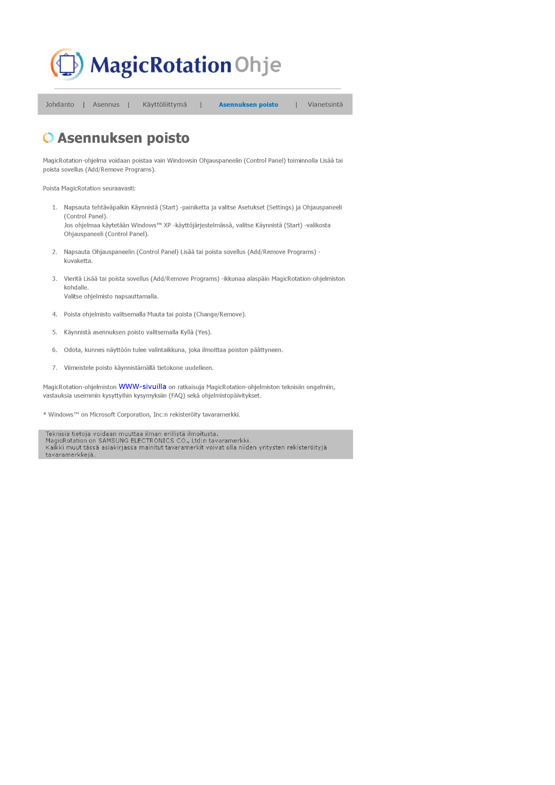 Samsung LS20EDXEB/EDC manual Asennuksen poisto 