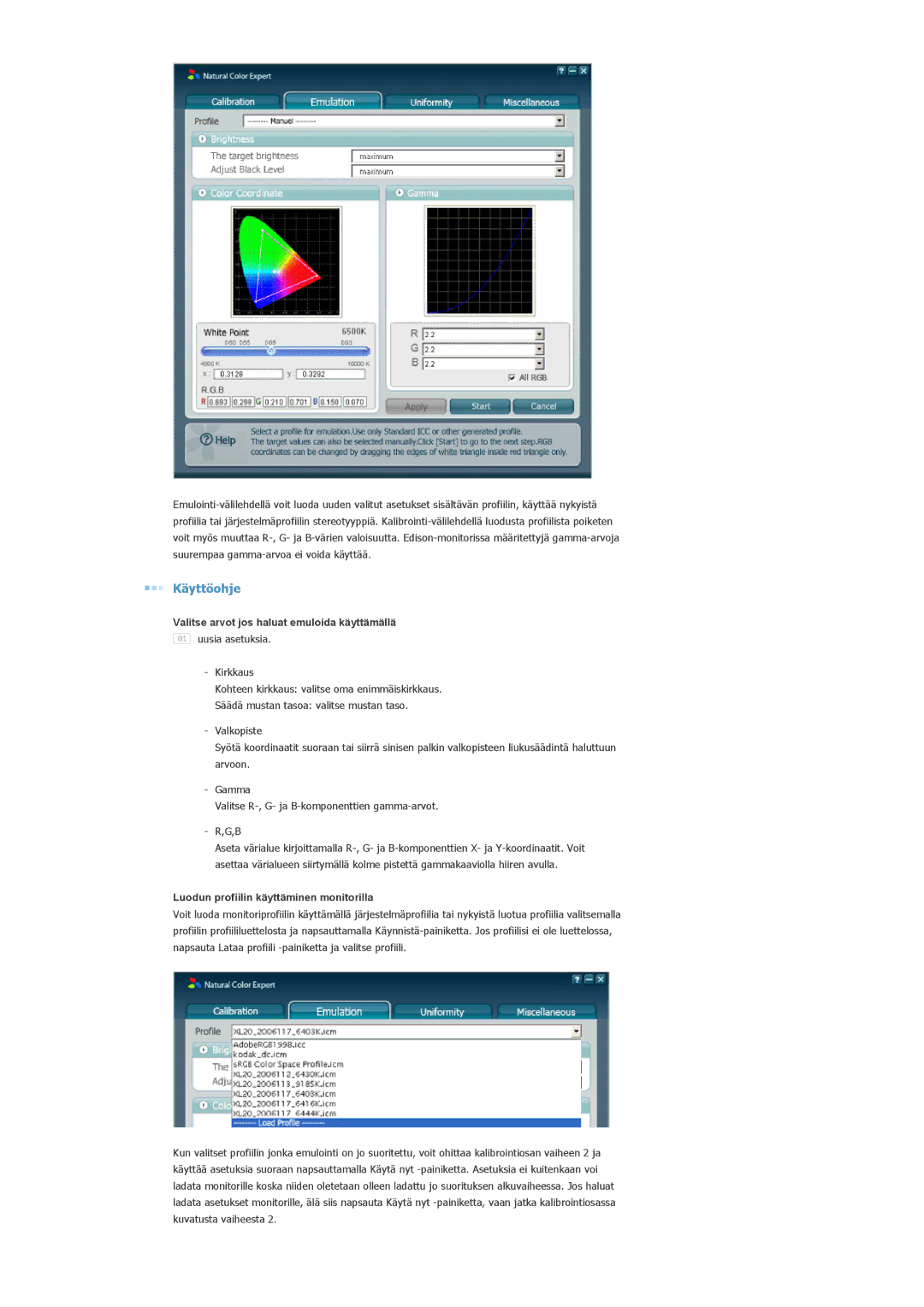 Samsung LS20EDXEB/EDC manual Valitse arvot jos haluat emuloida käyttämällä 