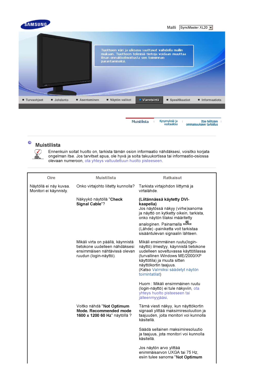 Samsung LS20EDXEB/EDC manual OireMuistilista, Ratkaisut 