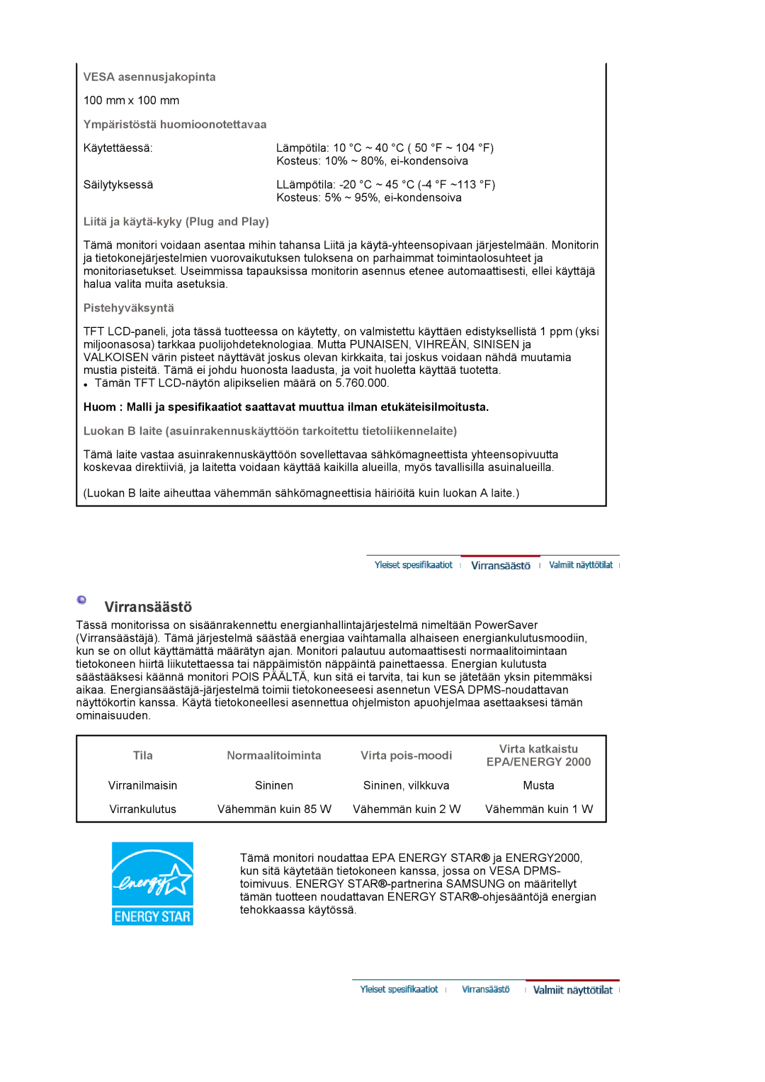 Samsung LS20EDXEB/EDC manual Virransäästö 