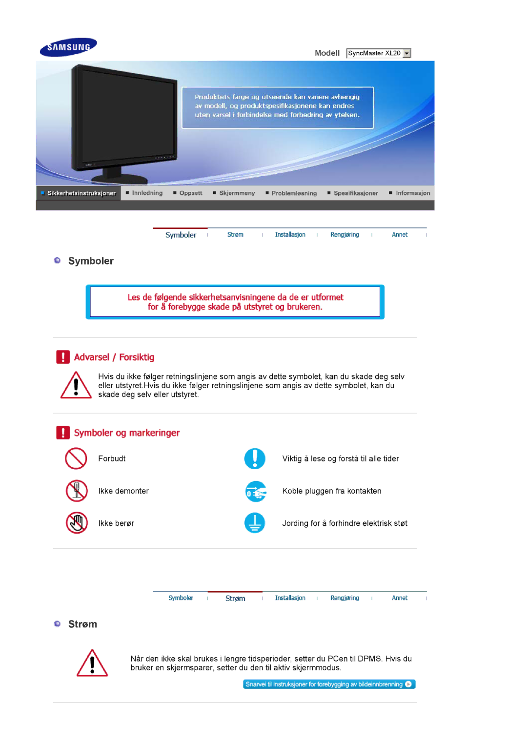 Samsung LS20EDXEB/EDC manual Symboler, Strøm 