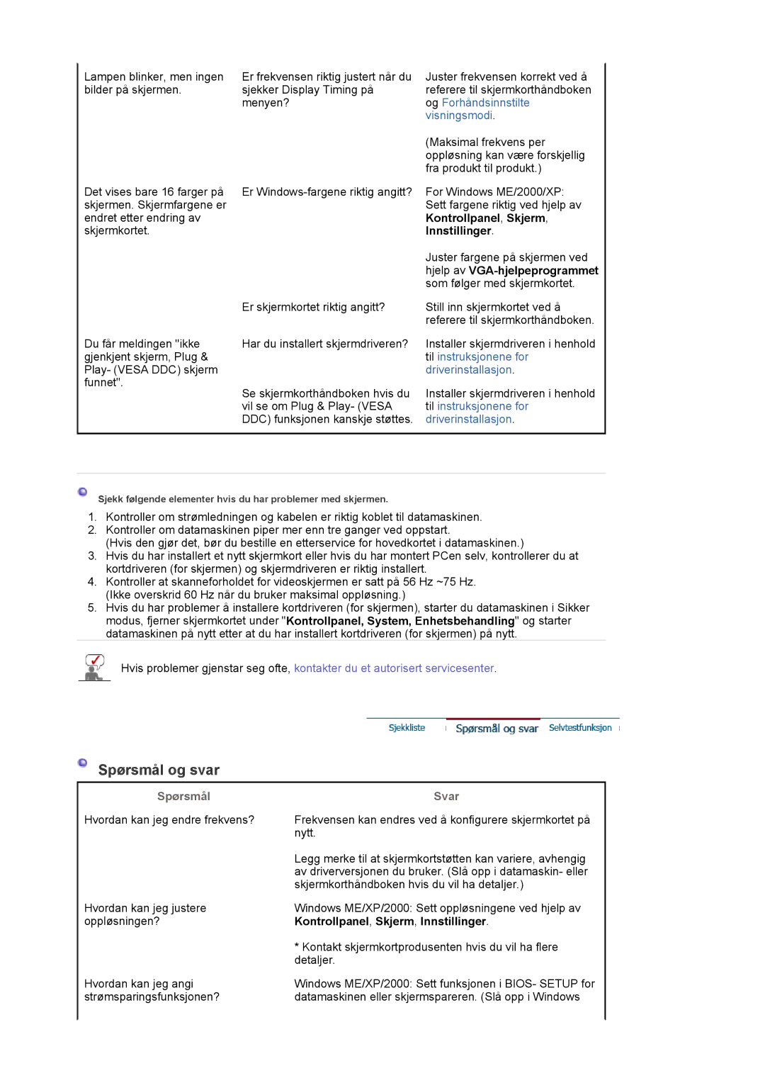 Samsung LS20EDXEB/EDC manual Spørsmål og svar, Kontrollpanel, Skjerm Innstillinger, Svar 