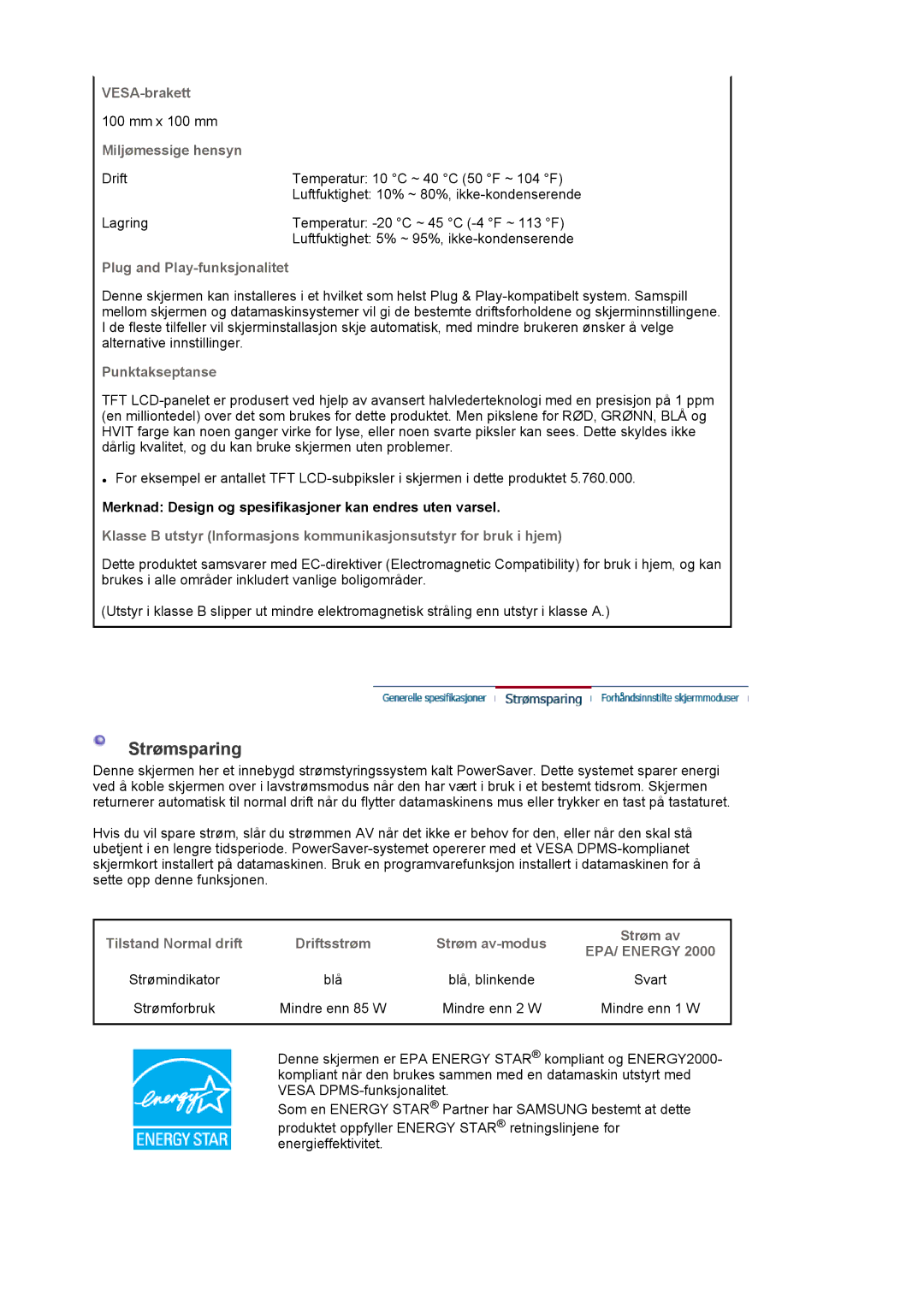 Samsung LS20EDXEB/EDC manual Strømsparing 