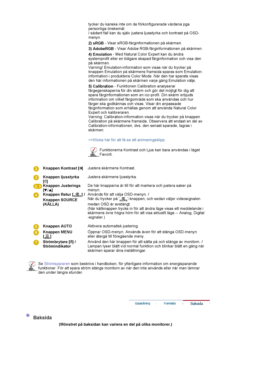 Samsung LS20EDXEB/EDC manual Baksida, Mönstret på baksidan kan variera en del på olika monitorer 