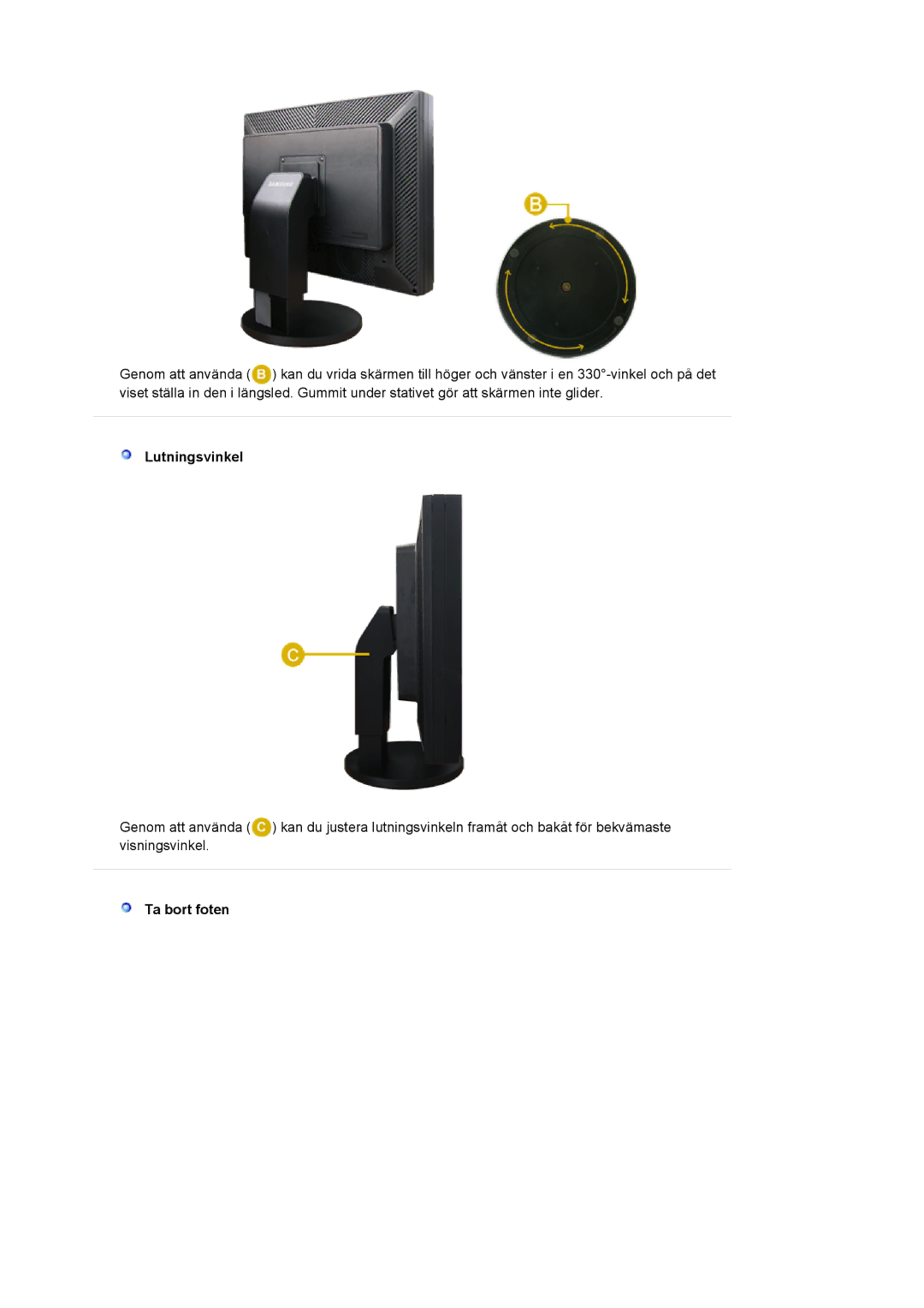 Samsung LS20EDXEB/EDC manual Lutningsvinkel, Ta bort foten 