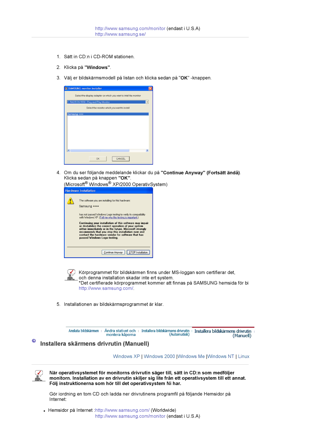 Samsung LS20EDXEB/EDC manual Installera skärmens drivrutin Manuell 