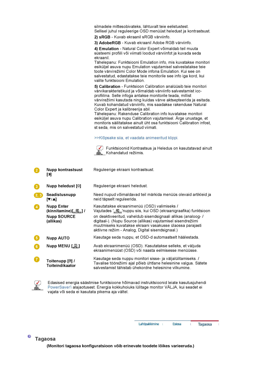 Samsung LS20EDXEB/EDC manual Tagaosa, Kasutage seda nuppu, et OSD-d automaatselt häälestada 