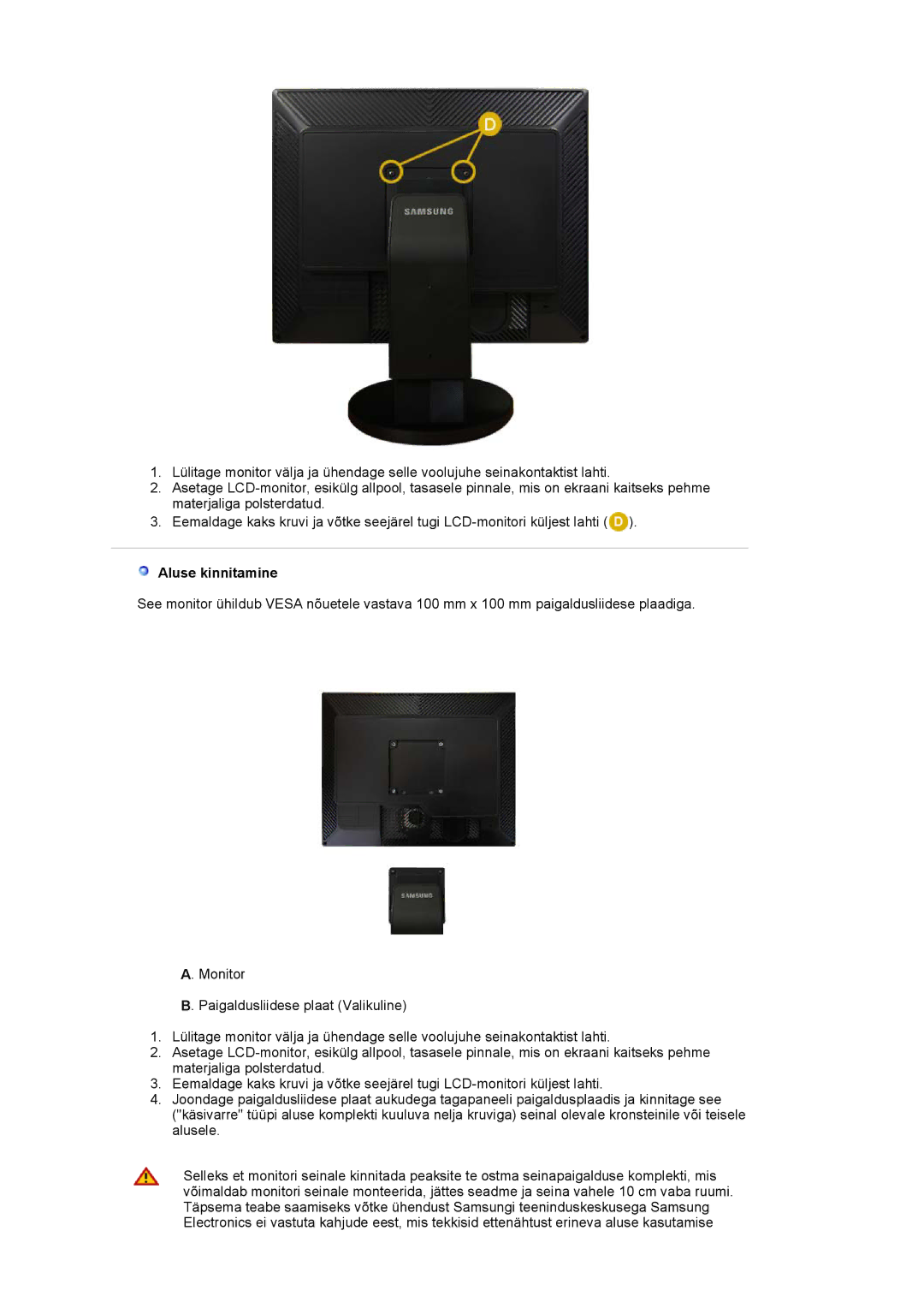 Samsung LS20EDXEB/EDC manual Aluse kinnitamine 