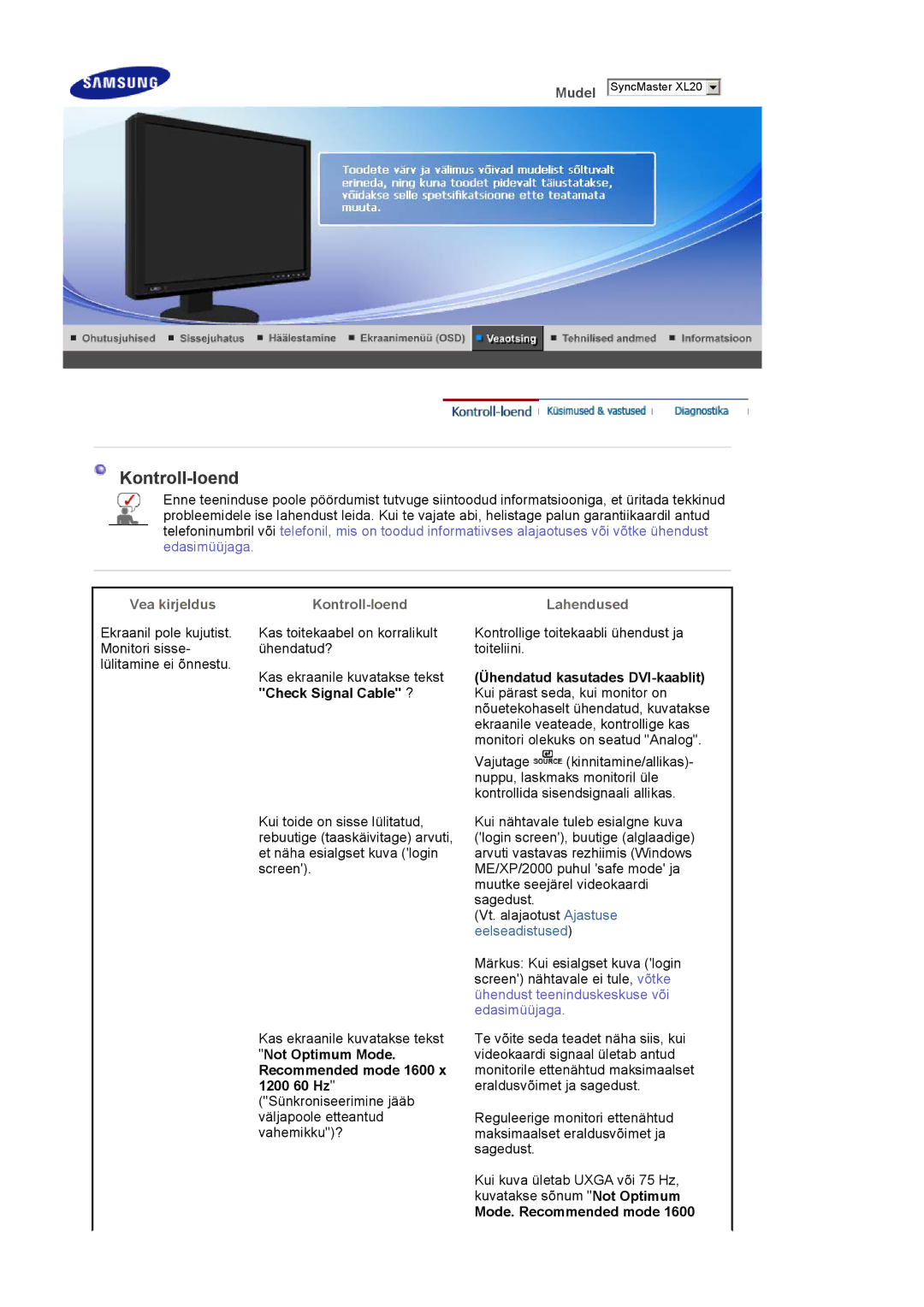 Samsung LS20EDXEB/EDC manual Vea kirjeldus Kontroll-loend, Check Signal Cable ?, Lahendused, Mode. Recommended mode 