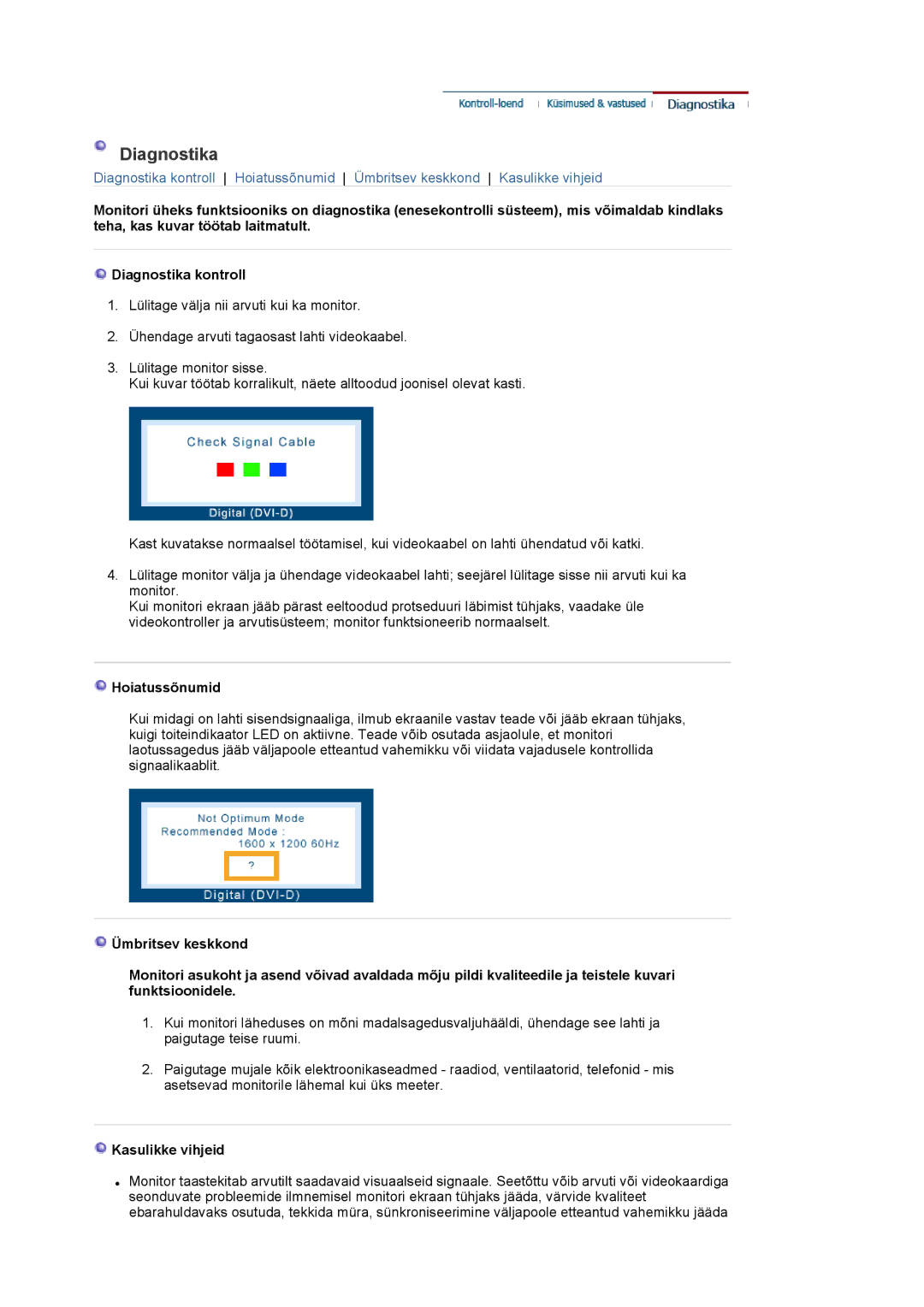 Samsung LS20EDXEB/EDC manual Diagnostika, Hoiatussõnumid, Kasulikke vihjeid 