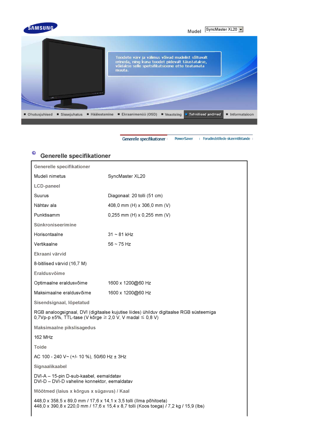 Samsung LS20EDXEB/EDC manual Generelle specifikationer 