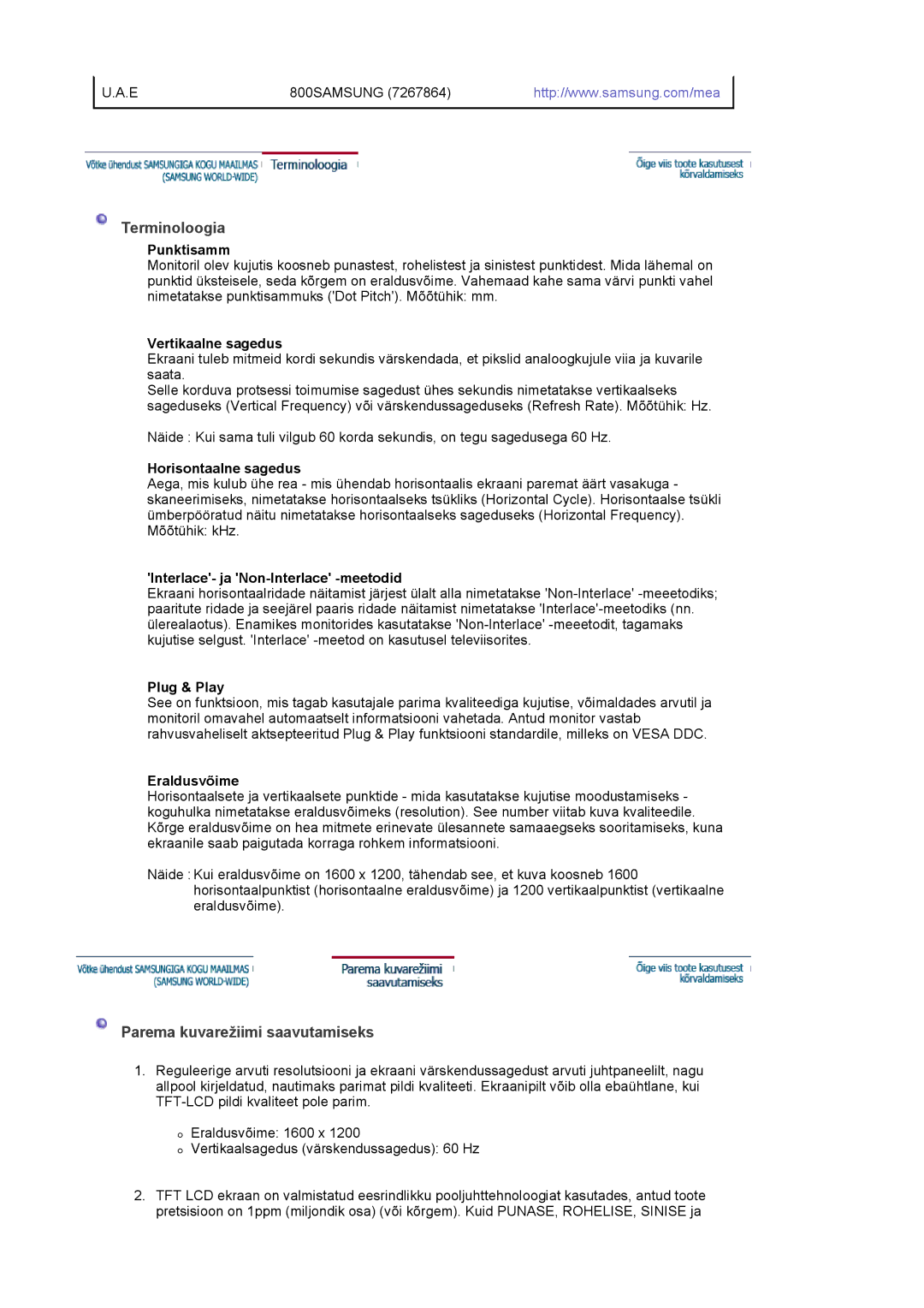 Samsung LS20EDXEB/EDC manual Punktisamm, Vertikaalne sagedus, Horisontaalne sagedus, Interlace- ja Non-Interlace -meetodid 