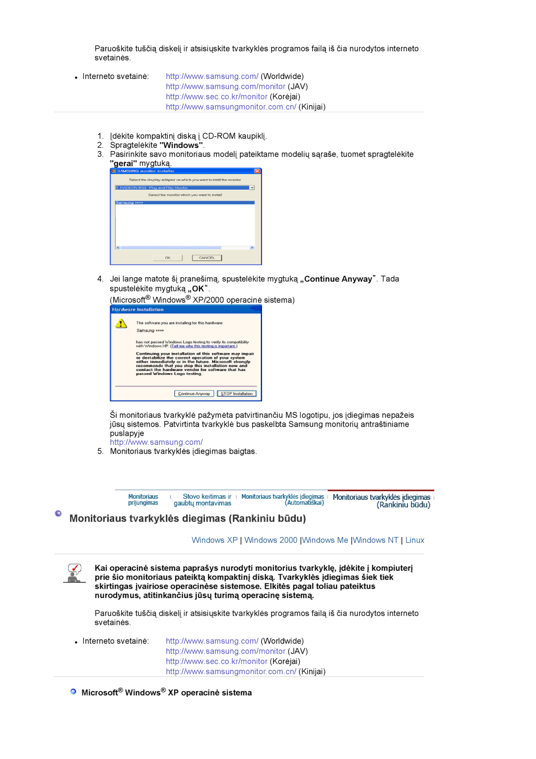 Samsung LS20EDXEB/EDC manual Monitoriaus tvarkyklės diegimas Rankiniu būdu, Microsoft Windows XP operacinė sistema 