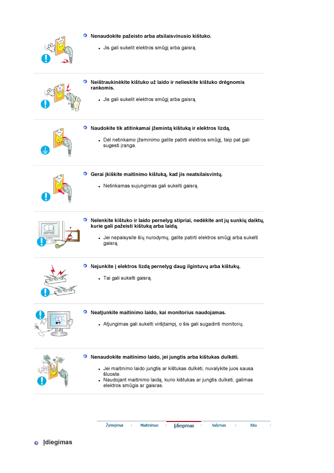 Samsung LS20EDXEB/EDC manual Įdiegimas, Nenaudokite pažeisto arba atsilaisvinusio kištuko 