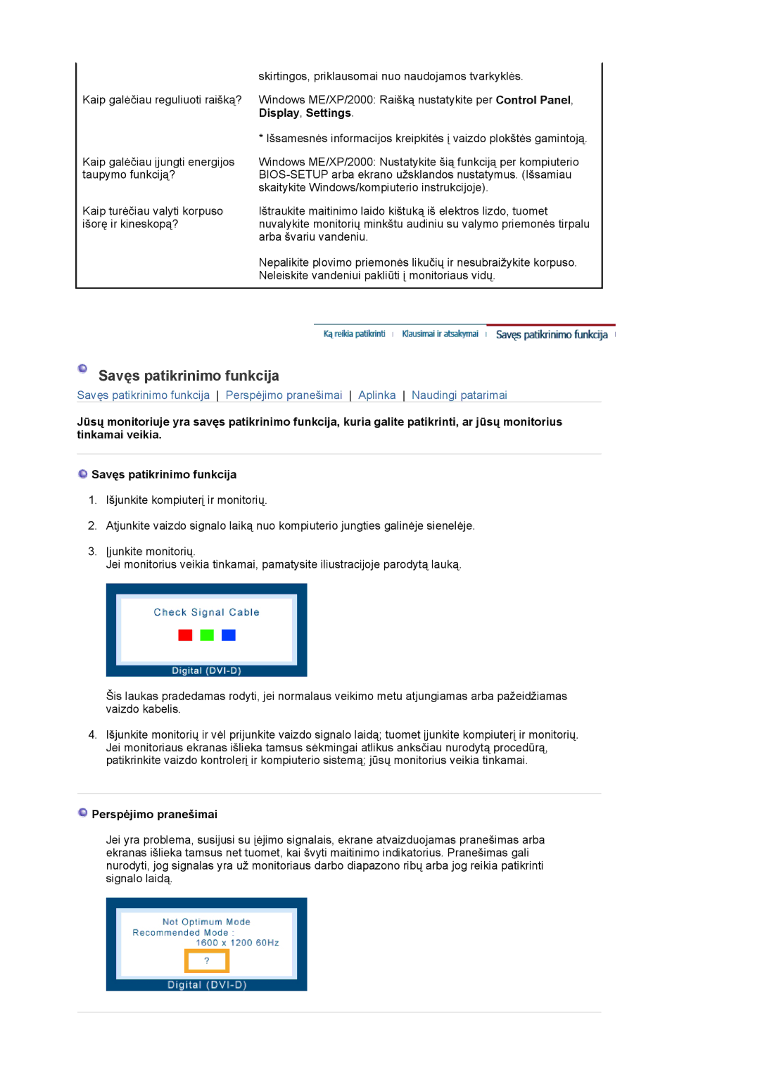 Samsung LS20EDXEB/EDC manual Savęs patikrinimo funkcija, Display , Settings, Perspėjimo pranešimai 