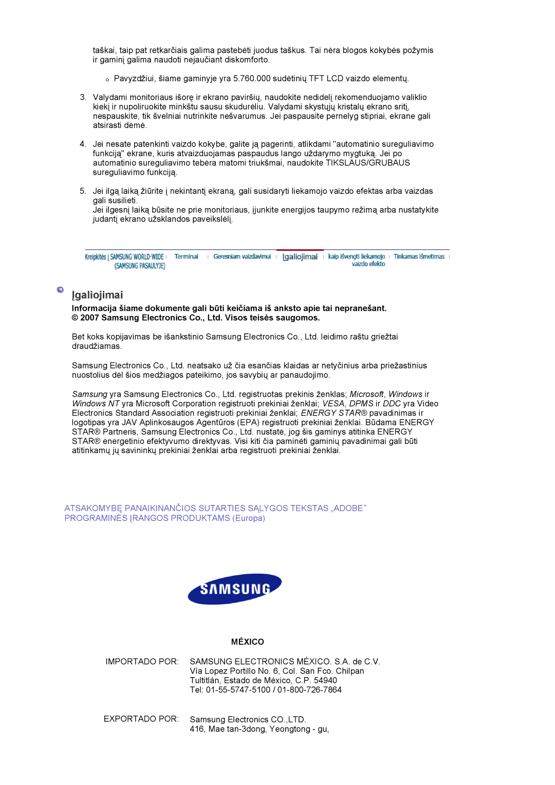 Samsung LS20EDXEB/EDC manual Įgaliojimai, México 