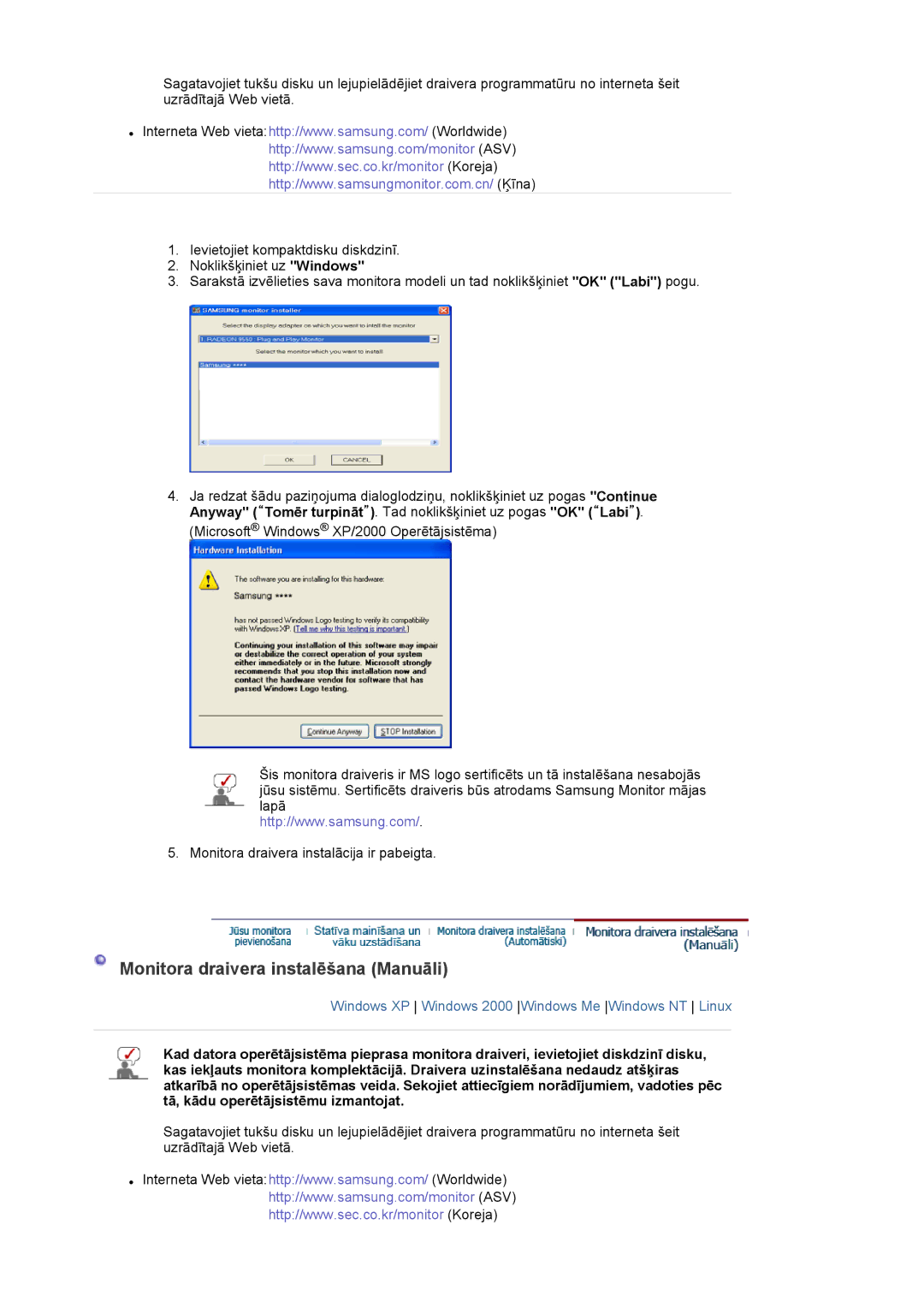 Samsung LS20EDXEB/EDC manual Monitora draivera instalēšana Manuāli 