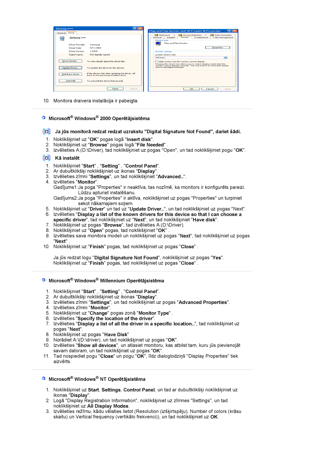 Samsung LS20EDXEB/EDC Kā instalēt, Microsoft Windows Millennium Operētājsistēma, Microsoft Windows NT Operētājsistēma 