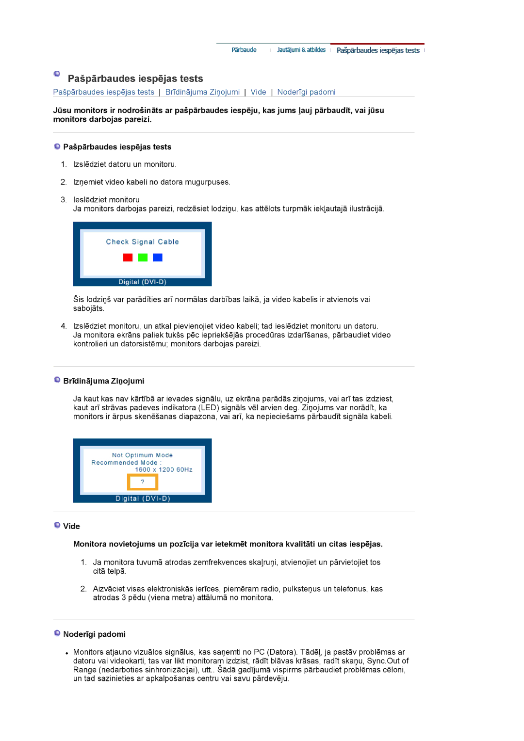 Samsung LS20EDXEB/EDC manual Pašpārbaudes iespējas tests, Brīdinājuma Ziņojumi, Noderīgi padomi 