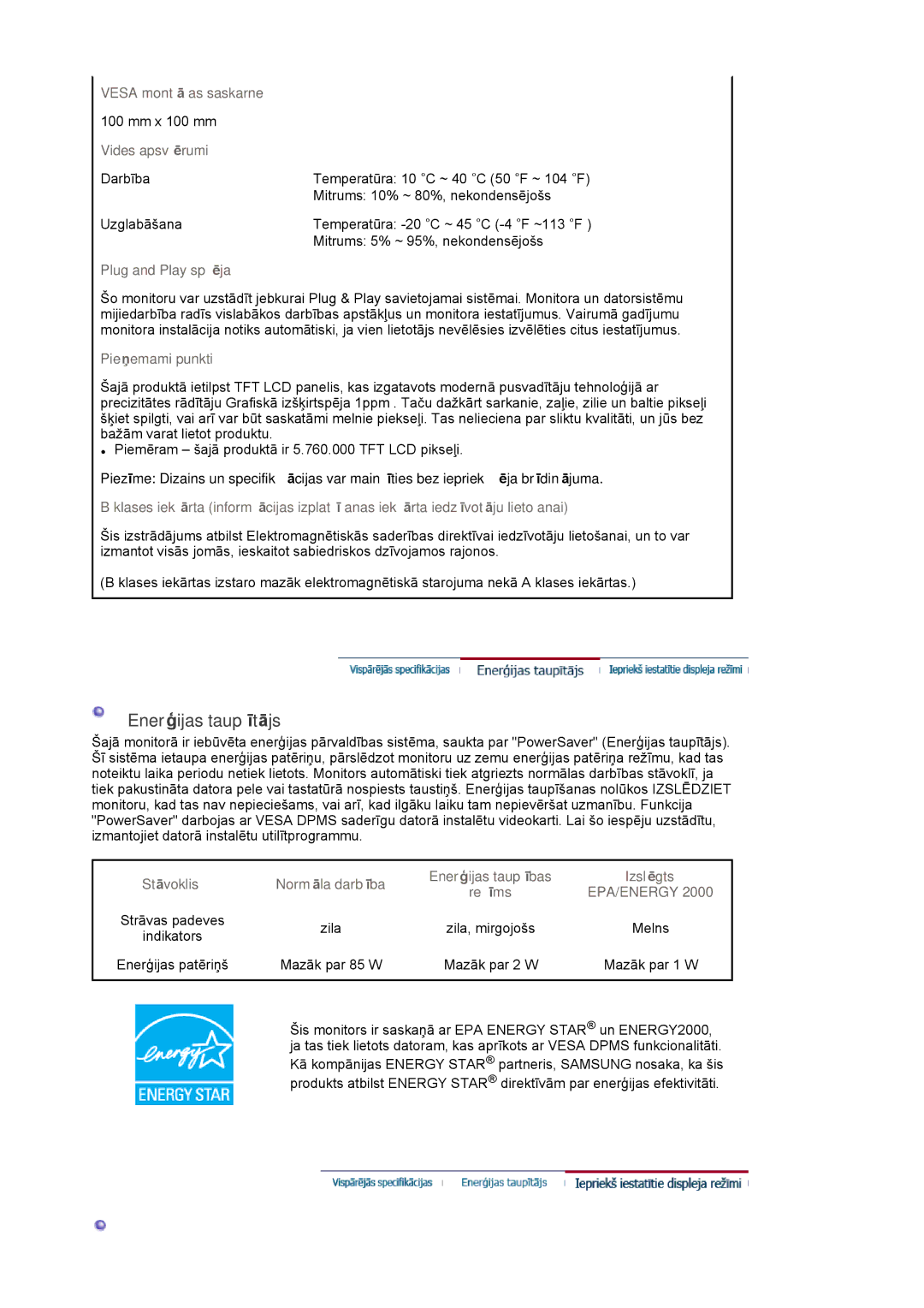 Samsung LS20EDXEB/EDC manual Enerģijas taupītājs 