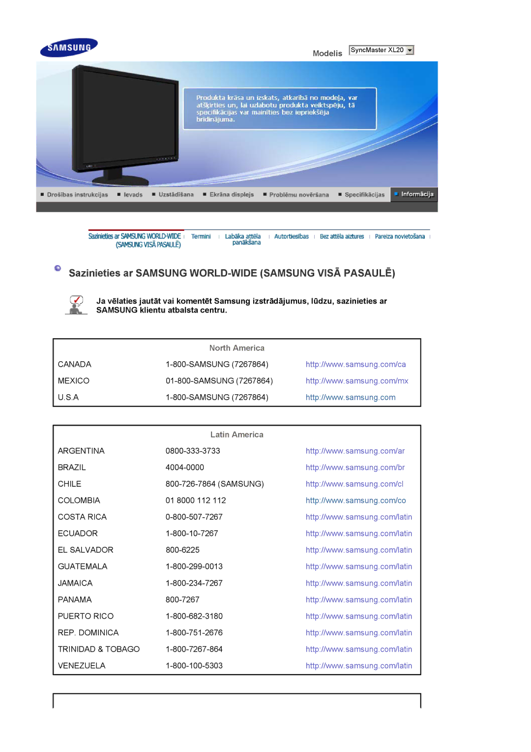 Samsung LS20EDXEB/EDC manual Sazinieties ar Samsung WORLD-WIDE Samsung Visā Pasaulē, North America, Latin America 