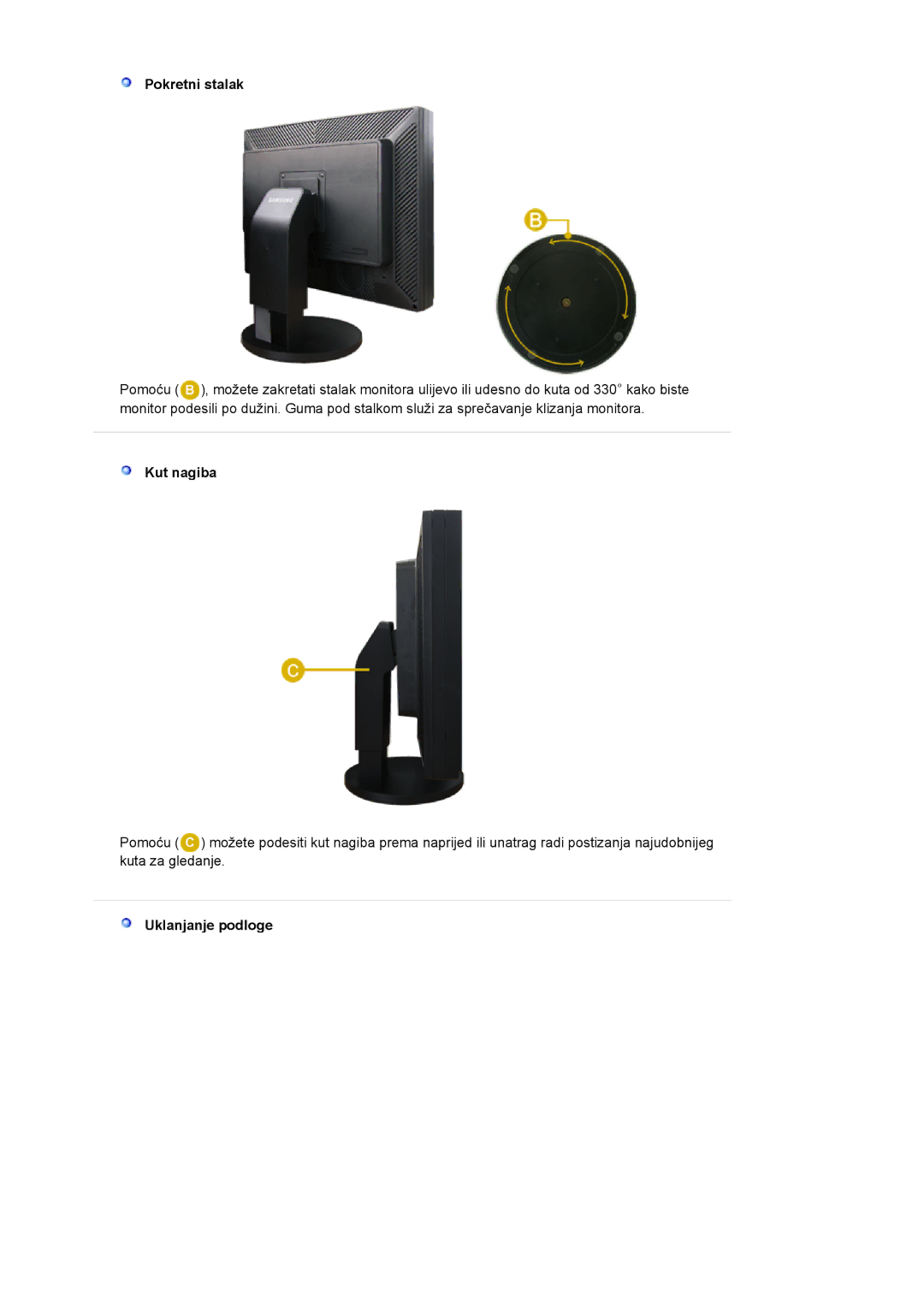 Samsung LS20EDXEB/EDC manual Pokretni stalak, Kut nagiba, Uklanjanje podloge 